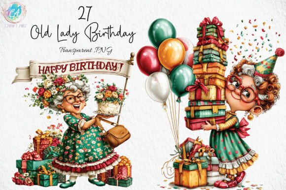 Download Whimsical Old Lady Birthday Clipart PNG - Birthday Collection